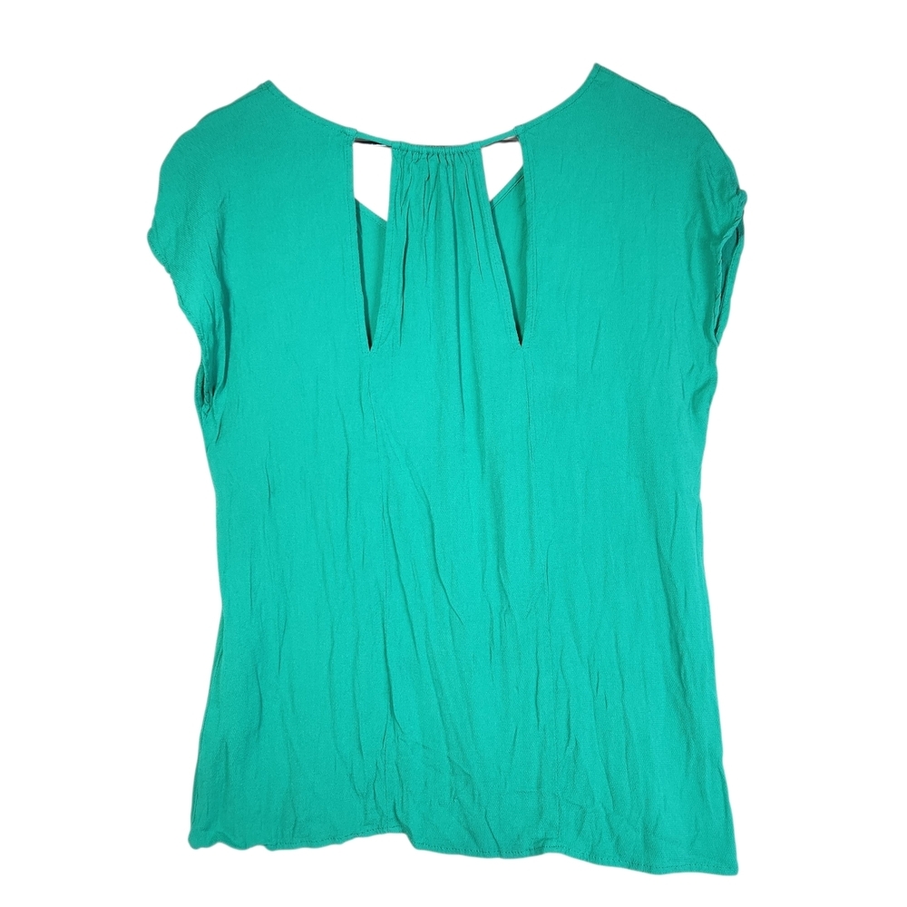 Skies Are Blue Gena Cut Out Detail Top Teal Green Blouse XL V-Neck Cap Sleeve - Picture 2 of 11
